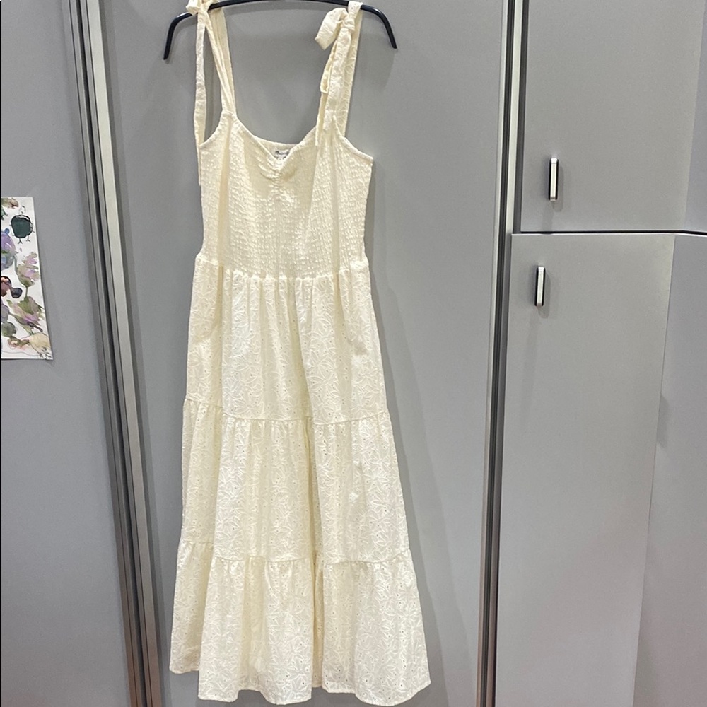 Madewell Cream Smocked Tiered Midi Dress